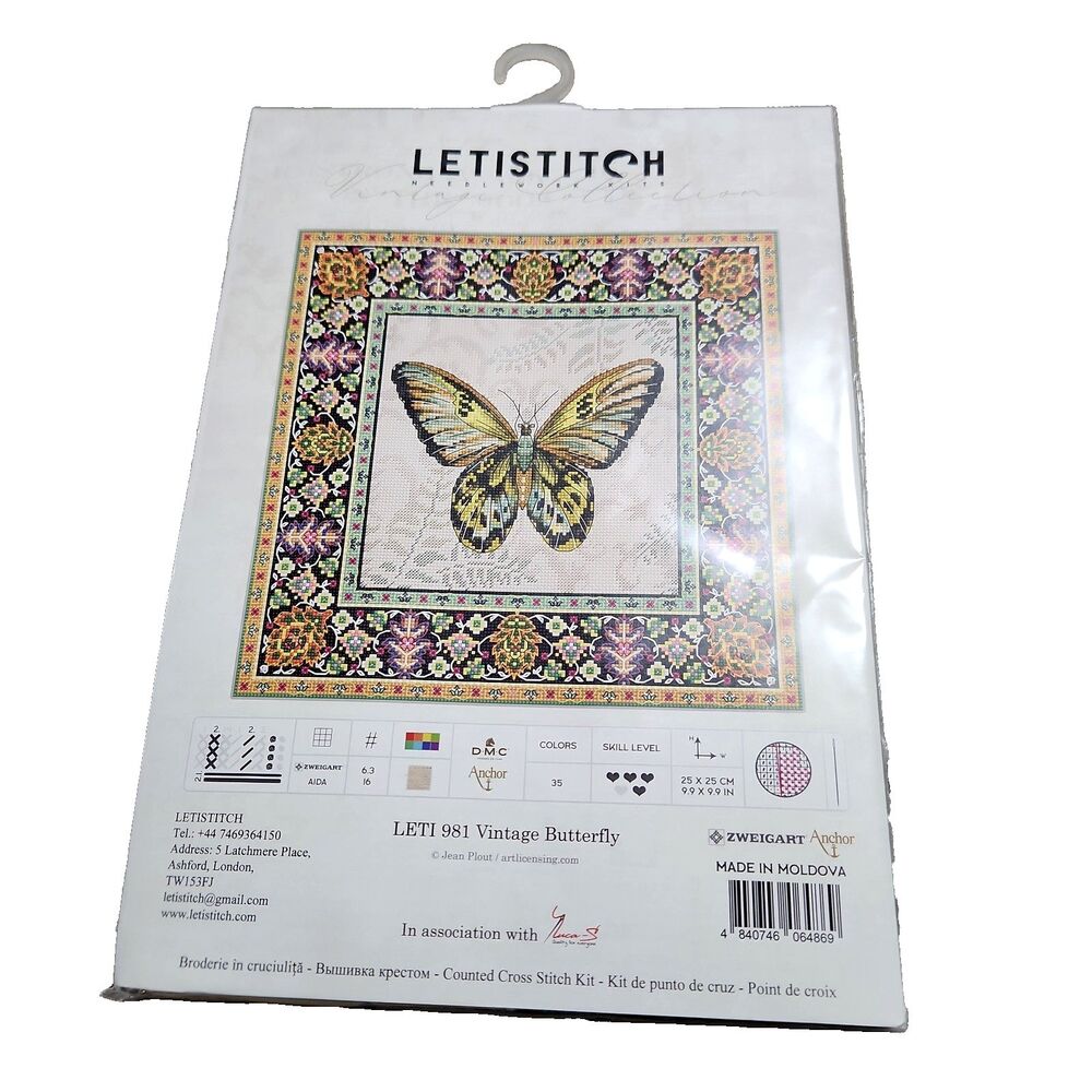 Luca-S Letistitch Cross Stitch Kit Vintage Butterfly 981 NEW  10 x 10" Metallic